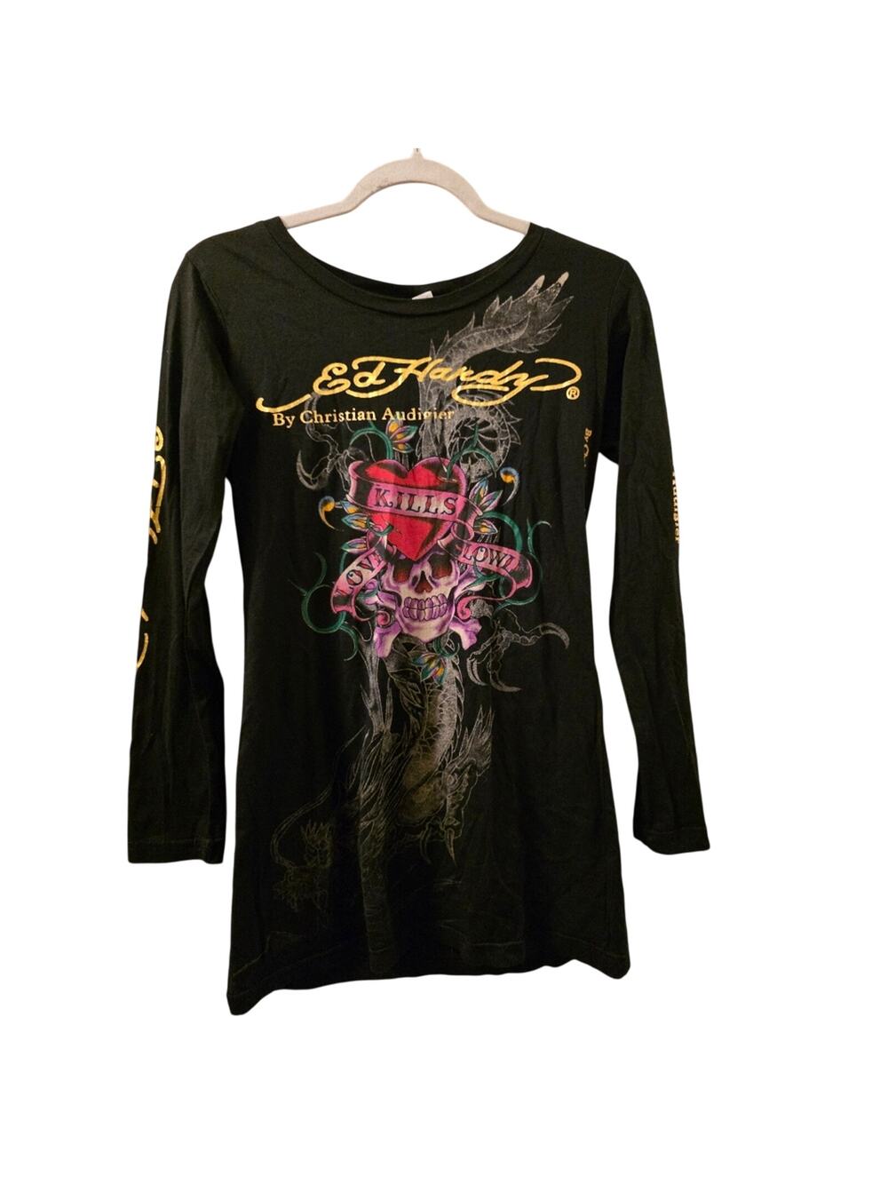 Ed Hardy Y2K Love Kills Black Long Sleeve  Dragon and Koi Design NWT USA Made L